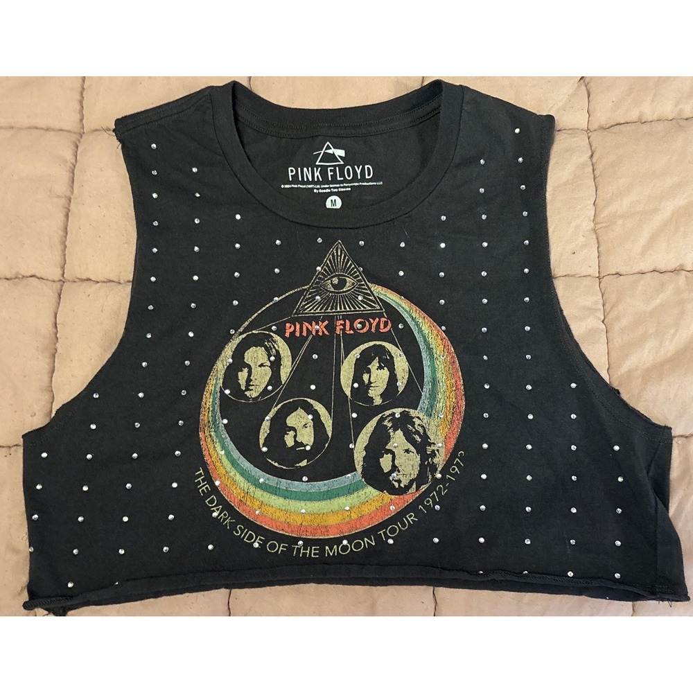 Pink Floyd Womens Dark Gray Cropped Tank Top Graphic Sleeveless Band Tee Size M